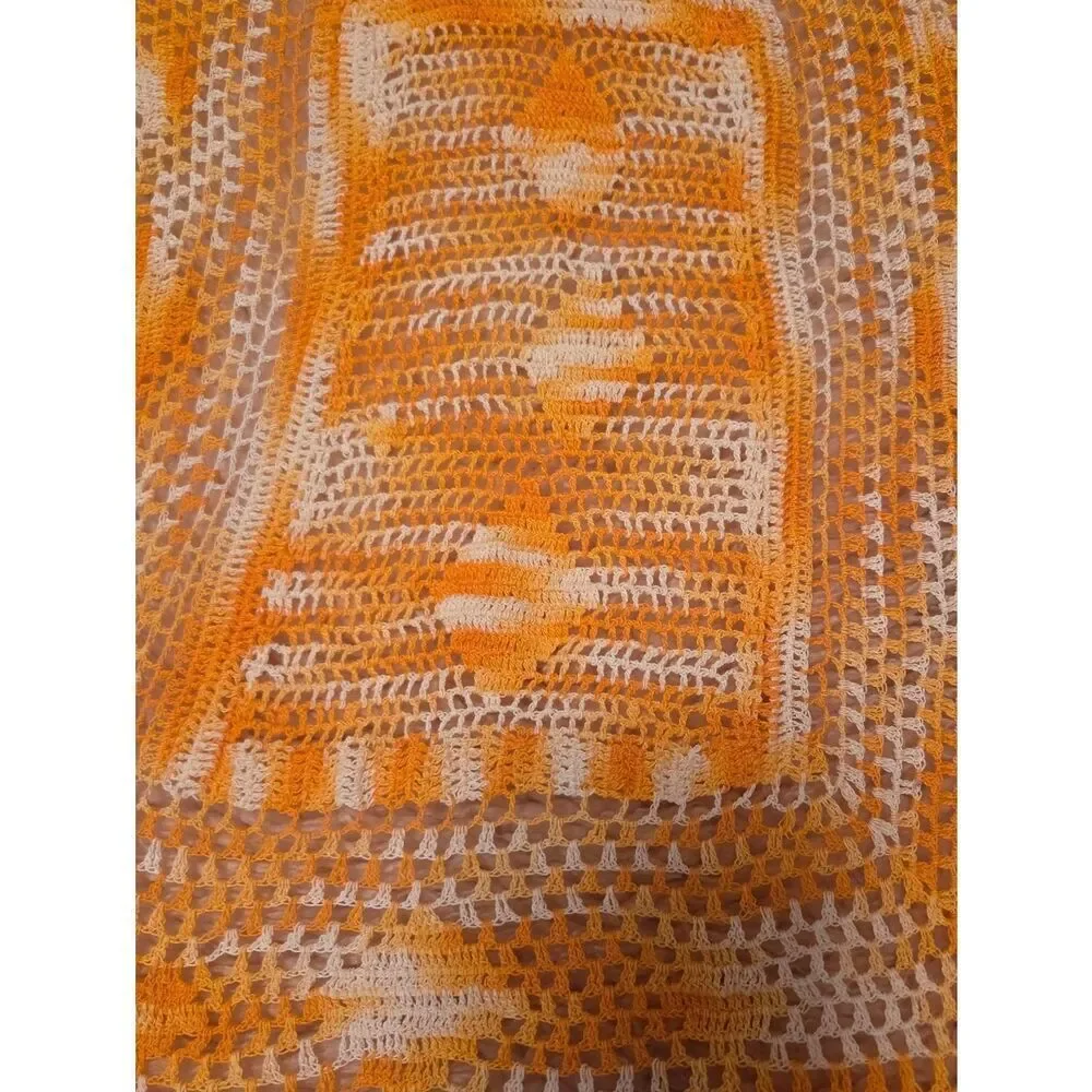 Vtg Unbranded Handmade YellowOrangeWhite CottonCrocheted Rectangle Doily 26